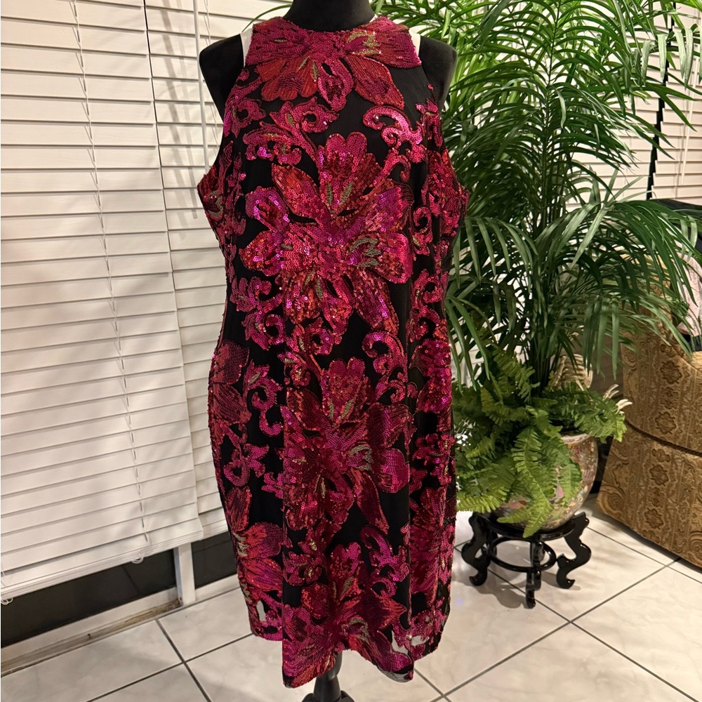 Cachet Black Dress with Pink Floral Design XL